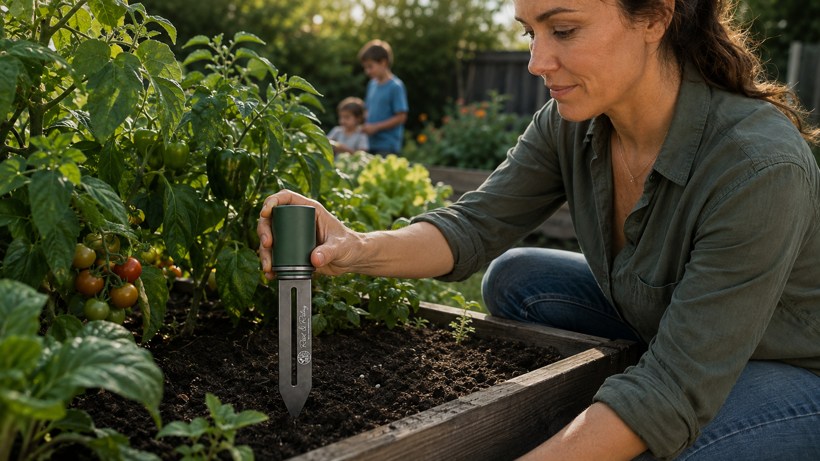 A gardener inserting the Root and Relay sensor probe into a raised vegetable bed.