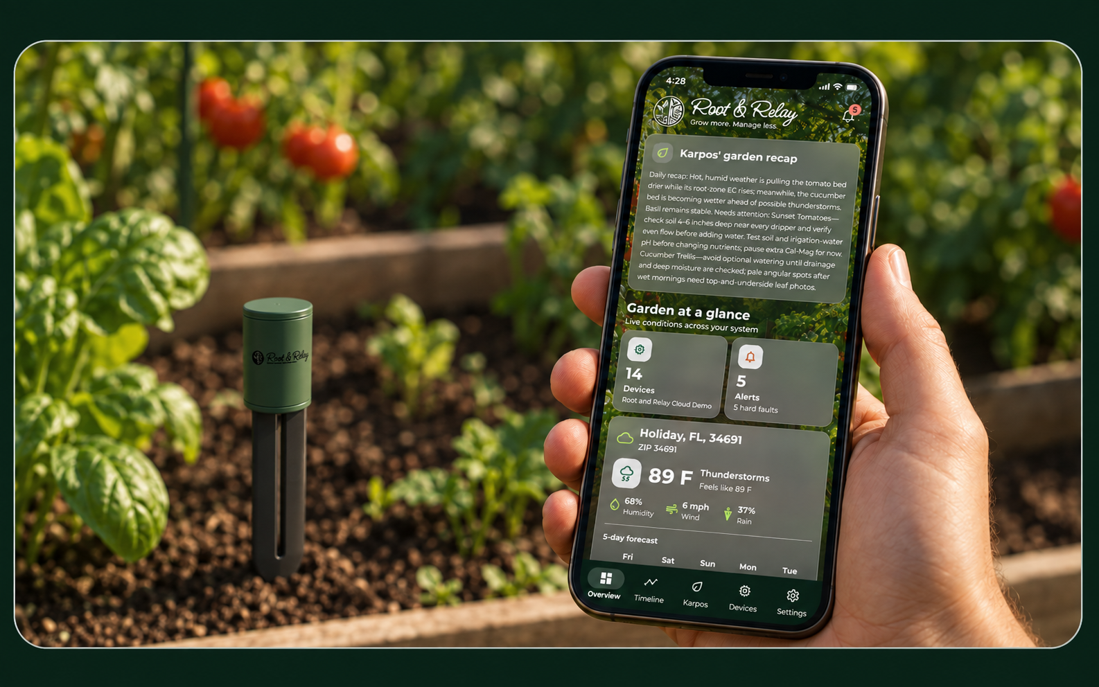Root and Relay mobile app dashboard showing live garden conditions beside the in-ground probe.