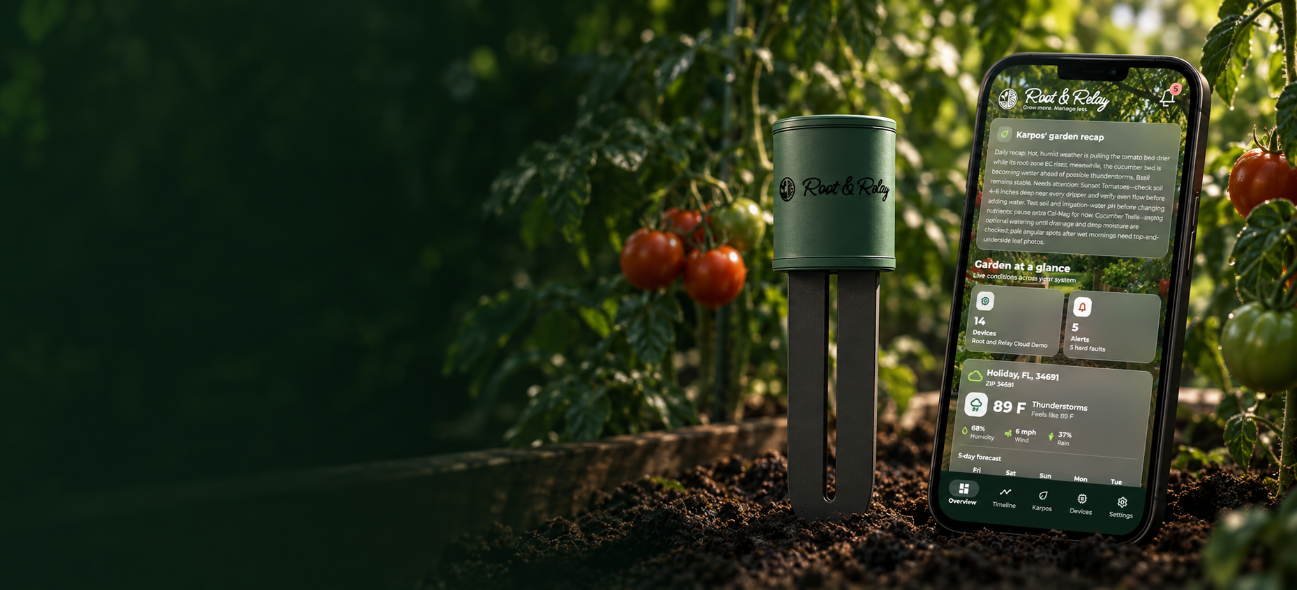 Root and Relay garden probe and mobile app working together in a tomato garden.