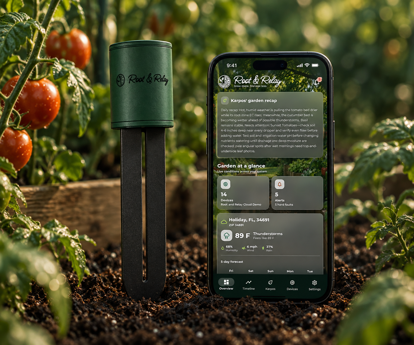 Root and Relay probe and mobile app shown together in a productive tomato garden.